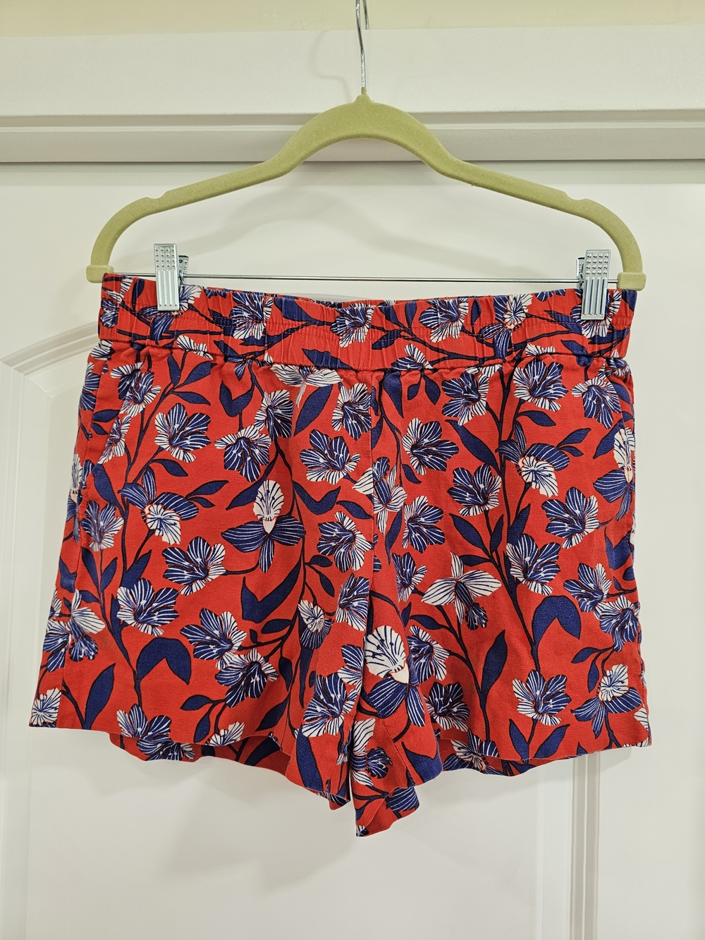 J.CREW Women's Linen Red White Blue M Shorts With Elastic Waistband